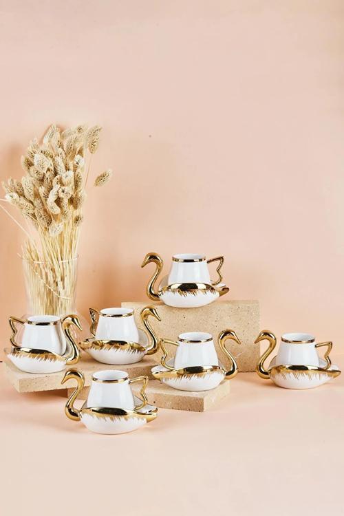 Mutfaksultani Swan Kuğu 6 Kişilik Porselen Kahve Fincan Takımı 80 Ml Beyaz