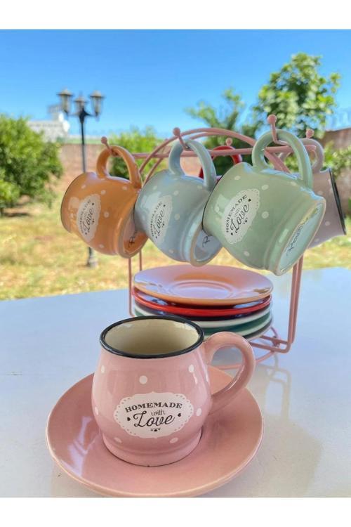 Mutfaksultani 81008 6'Lı Standlı Kahve Seti 13 Parça 6 Fincan 6 Tabak 1 Askılı Stand Love Yazılı