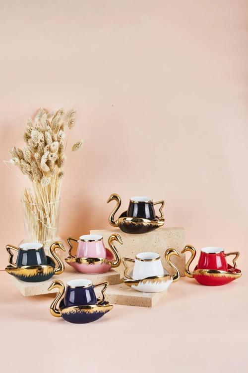 Mutfaksultani Swan Kuğu 6 Kişilik Porselen Kahve Fincan Takımı 80 Ml 6 Renk Karışık