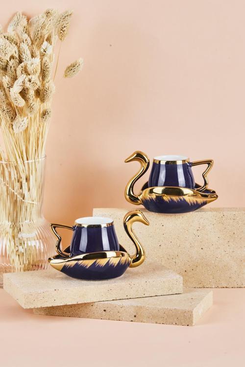 Mutfaksultani Swan Kuğu 2 Kişilik Porselen Kahve Fincan Takımı 80 Ml Lacivert