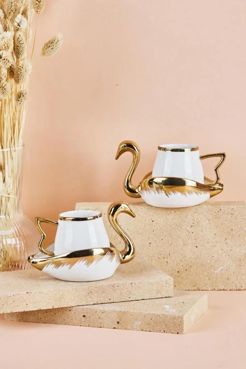 Mutfaksultani Swan Kuğu 2 Kişilik Porselen Kahve Fincan Takımı 80 Ml Beyaz
