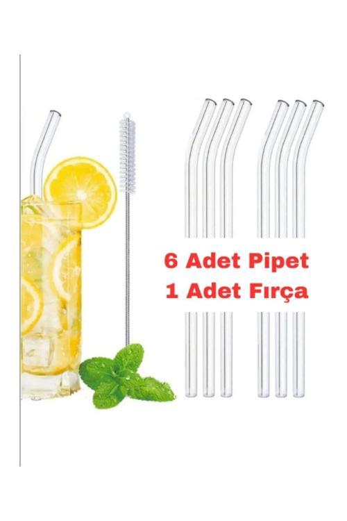 Mutfaksultani Straw 6'Lı Şeffaf Cam Eğimli Isıya Dayanıklı Borosilikat Pipet Ve 1 Adet Pipet Temizleme Fırçası