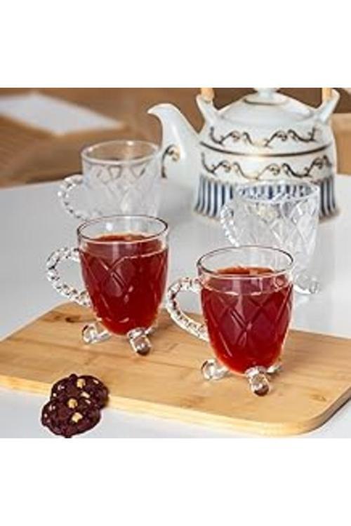 Nazeninstoğu Porsima 15720 Ayaklı Kulplu Desenli 4'Lü Cam Bardak - Kulplu Çay Kahve Bardağı - 200 Cc