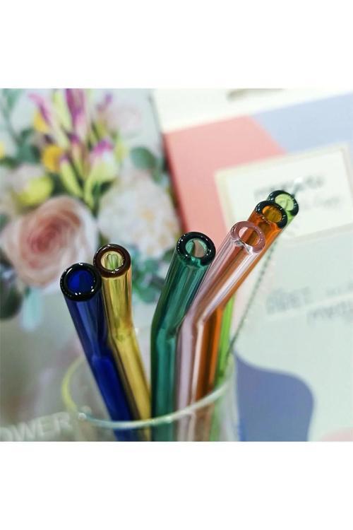 Mutfaksultani Straw 6'Lı Renkli Cam Eğimli Isıya Dayanıklı Borosilikat Pipet Ve 1 Adet Pipet Temizleme Fırçası