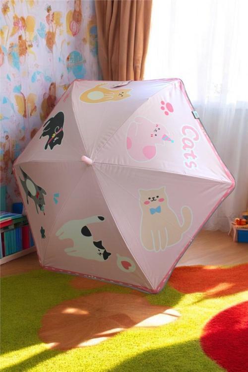 6 Fiber Telli Kız Çocuk Şemsiye Sevimli Kediler Desenli Rüzgara Dayanıklı Kız Çocuk Şemsiyesi 1099GRLR04