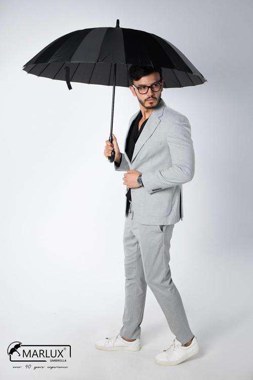 Siyah Baston 24 Fiber Tel Hakiki Deri Saplı Ultra Premium Protokol Şemsiye M21MAR1024R001