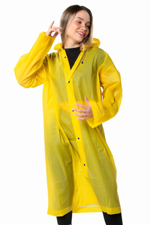 Unisex Su Rüzgar Geçirmez Kapüşonlu Lacivert Çıtçıt Düğme Eva Sarı Lacivert Yağmurluk 24MRLXYGM