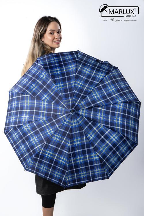 Lacivert Mavi Ekose Desen Fiber 10 Telli Tam Otomatik Rüzgara Dayanıklı Şemsiye M24MAR718LA