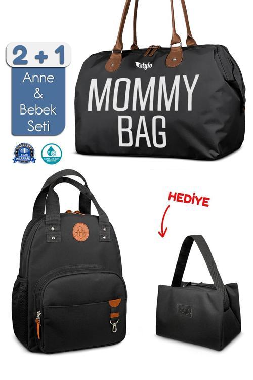 Mommy Bag Bebek Bakım Kadın Omuz Çantası + Popi Anne Kadın Sırt Çantası Termos Çanta Hediye-Siyah