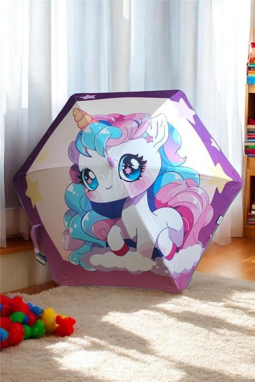 6 Fiber Telli Kız Çocuk Şemsiye Renkli Unicorn Desenli Rüzgara Dayanıklı Kız Çocuk Şemsiyesi 1099GRLR03