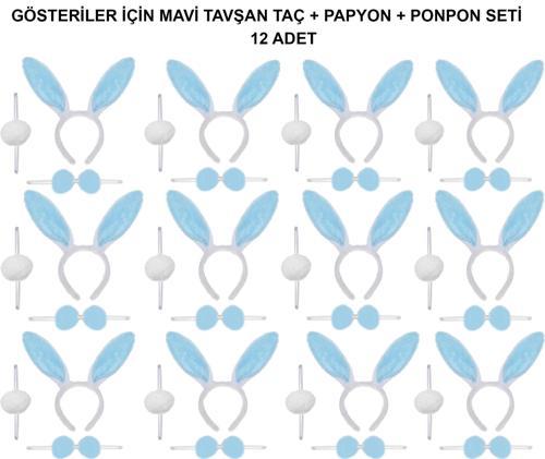 Mavi Tavşan Kostüm Seti – Taç, Papyon, Ponpon (12’li Paket)