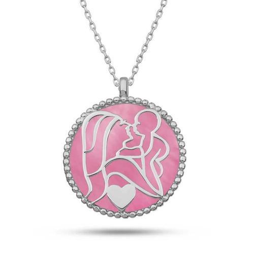 Gümüş Pembe Sedef Taşlı Anne Çocuk Sevgisi Kolye