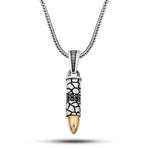 Gümüş Siyah Zirkon Taşlı Mermi Erkek Kolye