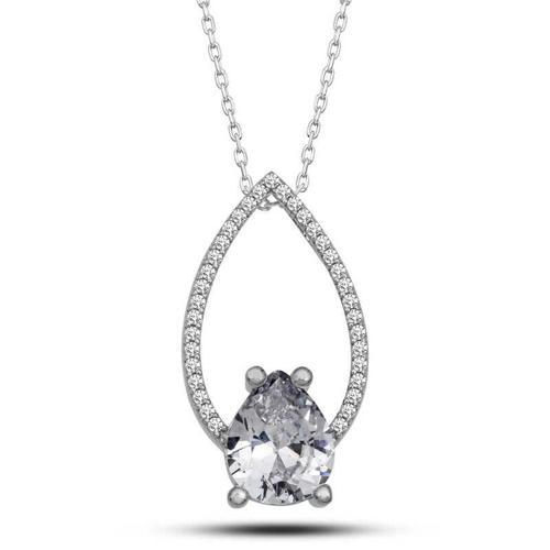 925 Ayar Gümüş Beyaz Taşlı Damla Kadın Gümüş Kolye