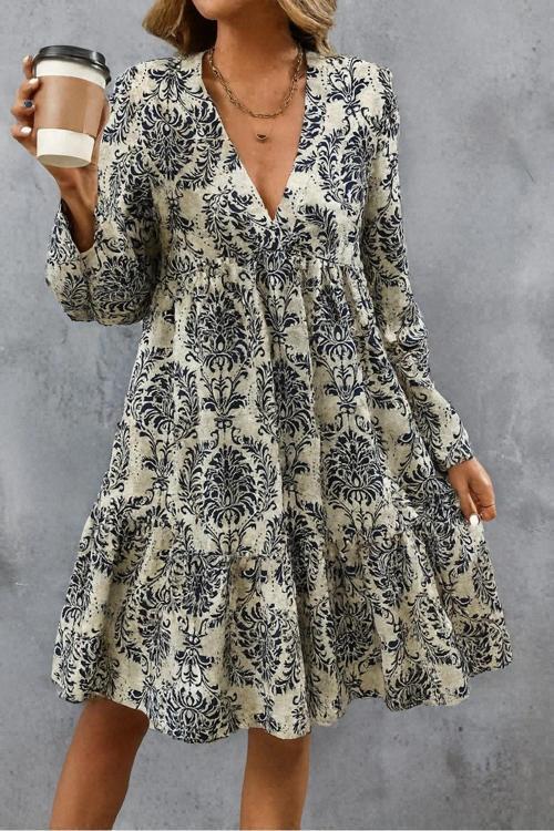 MDB Kadın Uzun Kollu V Yakalı Fırfırlı Mini Süprem Elbise