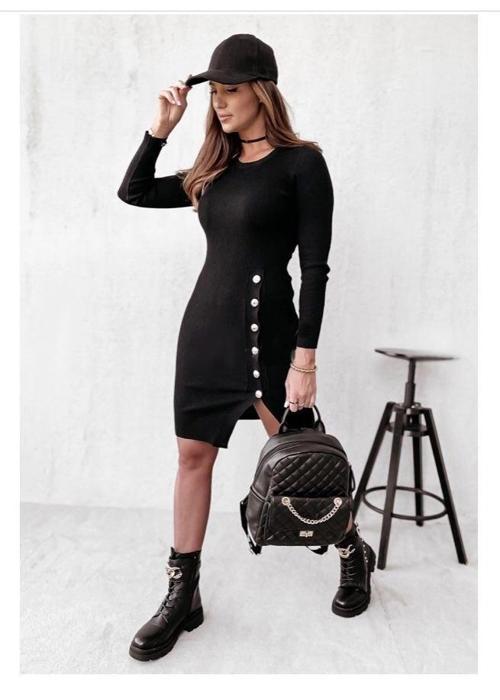 MDB Kadın Siyah Uzun Kollu Bisiklet Yaka Yan Yırtmaç Düğme Detay Kısa Kaşkorse Elbise