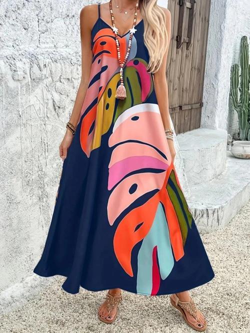 MDB Kadın Ip Askılı V Yakalı Desenli Süprem Maxi Elbise