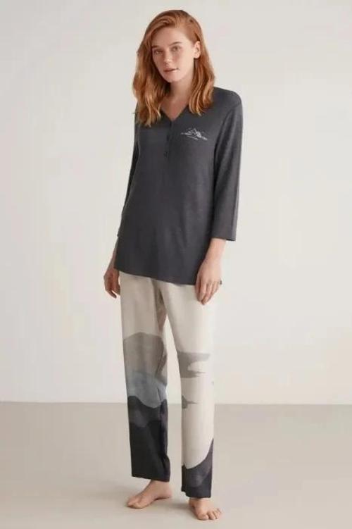 MDB Nautıca W604 Kadın Patlı V Yaka Uzun Kollu Pijama Takımı