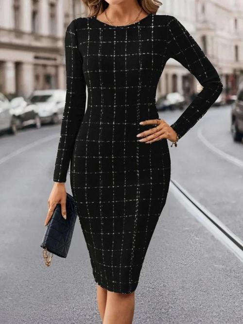 MDB Kadın Uzun Kollu Yuvarlak Yaka Mini Dokuma Elbise