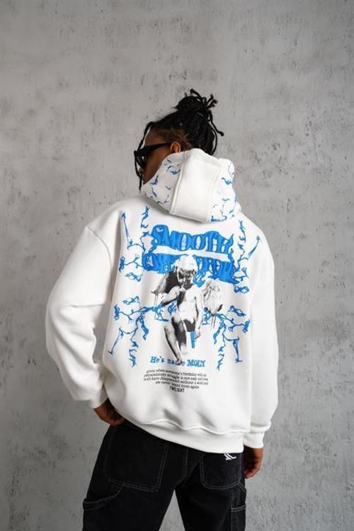 Yıldırım Baskılı Kapüşonlu Beyaz Sweat - Sweatshirt