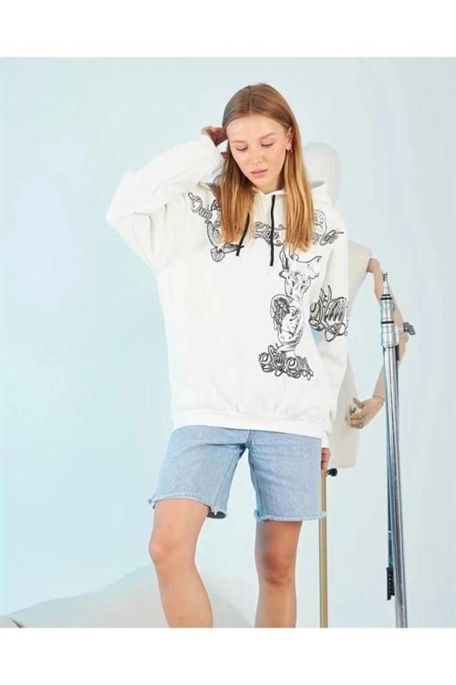 MDB Kapüşonlu Üç İplik weatshirt – Beyaz trong Heykel Baskılı, Rahat Kalıp, Kanguru Cepli odern Tasa