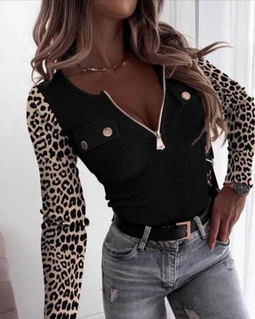 MDB Kadın Uzun Kollu Leopar Desenli Fermuarlı önden Cep Ve Düğme Detaylı Kaşkorse Bluz