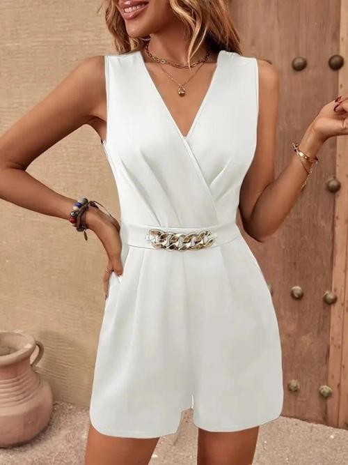 MDB Kadın Sıfır Kollu V Yakalı Cep Detaylı Ithal Krep Tulum