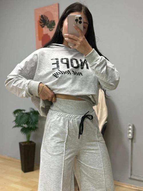 MDB Kadın Uzun Kollu Nope Baskılı Beli Ribanalı Ikili Takım