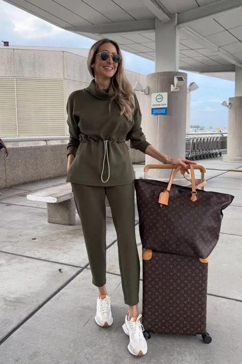 MDB Kadın Uzun Kollu Balıkçı Yaka Belden Lastikli Modal Bluz Ve Pantolon Ikili Takım