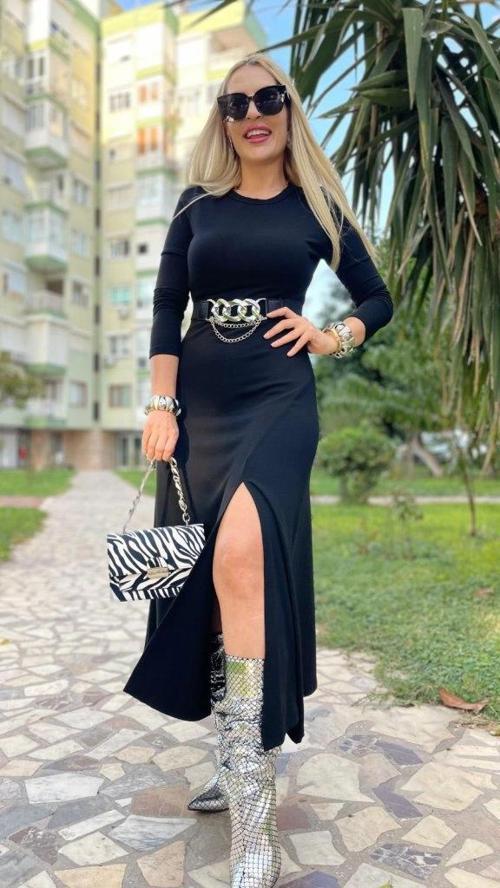 MDB Kadın Uzun Kollu Bisiklet Yaka Yırtmaçlı Kemerli Uzun çilek Elbise