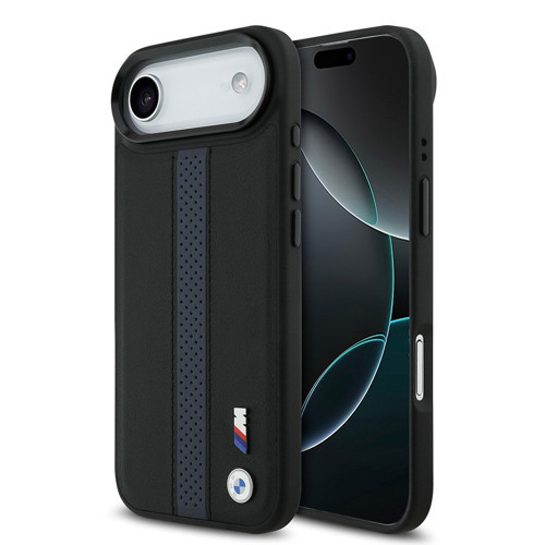 İphone 17 Air Kılıf Lisanslı M-Safeli Deri Arka Yüzey Metal Logolu Delikli Şerit Kapak Mavi