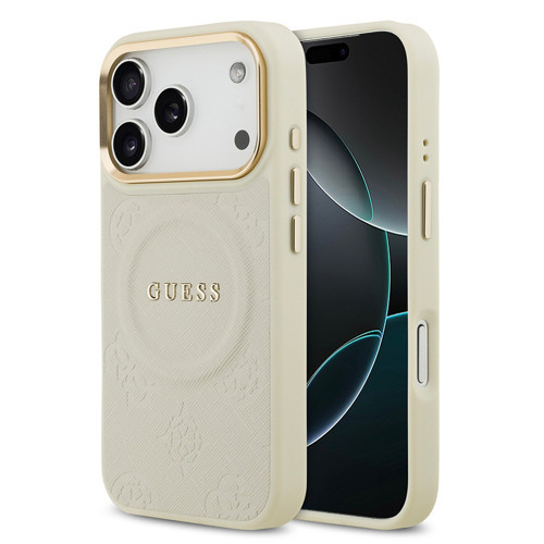 İphone 17 Pro Uyumlu Kılıf Lisanslı M-Safeli Sıcak Baskılı Yazı Logolu Pu Deri Peony Kapak Bej