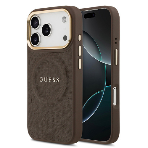 İphone 17 Pro Uyumlu Kılıf Lisanslı M-Safeli Sıcak Baskı Yazı Logolu Pu Deri Peony Kahverengi