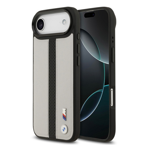 İphone 17 Air Kılıf Lisanslı M-Safeli Deri Arka Yüzey Metal Logolu Delikli Şerit Kapak Gri
