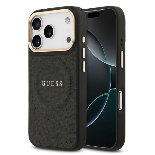 İphone 17 Pro Uyumlu Kılıf Lisanslı M-Safeli Sıcak Baskılı Yazı Logolu Pu Deri Peony Siyah
