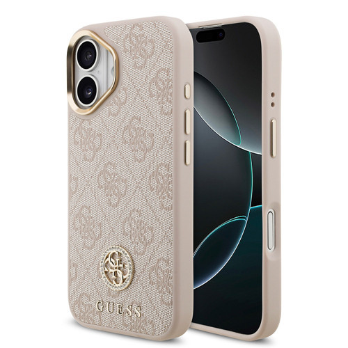 İphone 17 Uyumlu Kılıf Lisanslı M-Safeli Gold Metal Kamera Çerçeveli Taşlı 4G Logolu Pembe