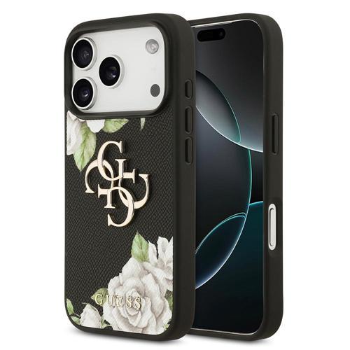 İphone 17 Pro Uyumlu Kılıf Orjinal Lisanslı Gül Baskılı Büyük Metal Logo Dizaynlı Kapak Siyah