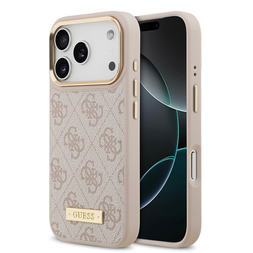 İphone 17 Pro Uyumlu Kılıf Lisanslı M-Safeli 4G Desenli Pu Metal Plaka Klasik Logolu Pembe