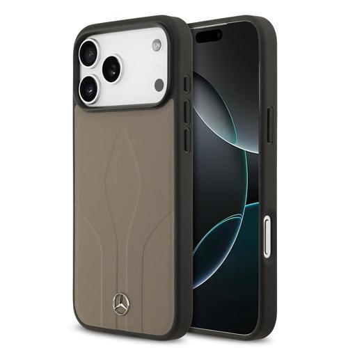 İphone 17 Pro Max Uyumlu Kılıf Mercedes Benz Lisanslı M-Safeli Dokulu Desenli Deri Kapak Kahverengi