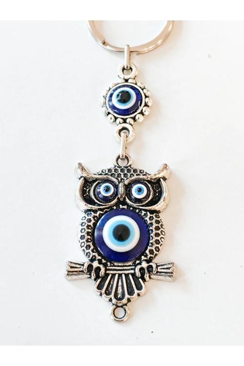 Baykuş Şekilli Üzeri Cam Göz Süslemeli İnce İşlemeli Metal Anahtarlık