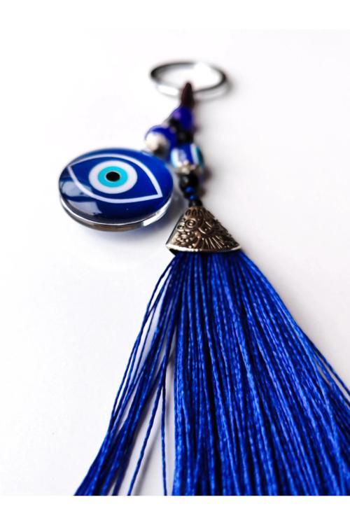 Lacivert Nazar Boncuğu Göz Desenli Lacivert Püsküllü Anahtarlık