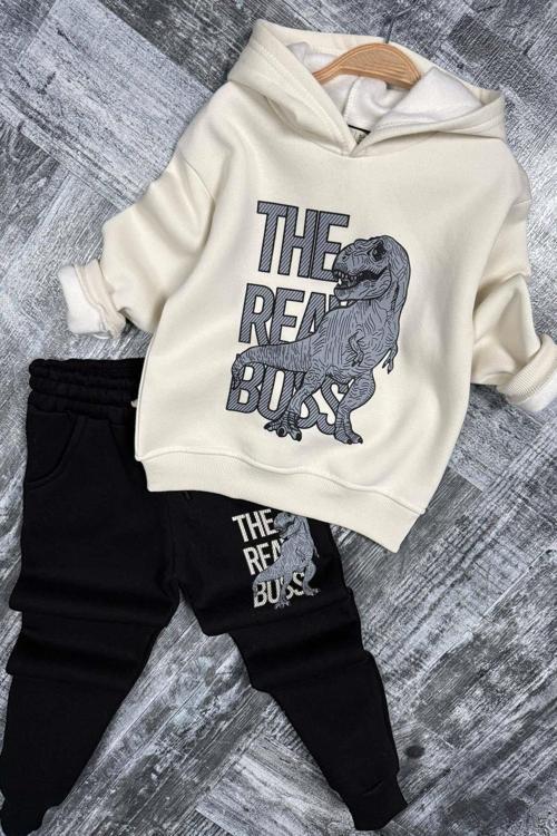 Erkek Çocuk Önü Yazı Ve Dino Baskılı Kapşonlu Sweatshirt 3 İplik Siyah Eşofman Takım