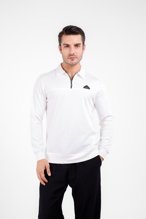 Gellum Uzun Kol Yarı Fermuarlı Kazak - Beyaz