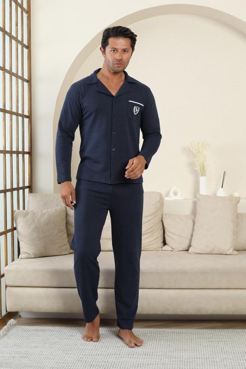 FLK 7000 Boydan Düğmeli Kışlık İki İplik Kalın Kumaş Erkek Ev Pijama Takımı