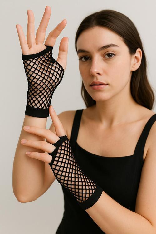 Siyah File Örgü Parti Eldiveni Kısa Model Kostüm Aksesuar 11 Cm