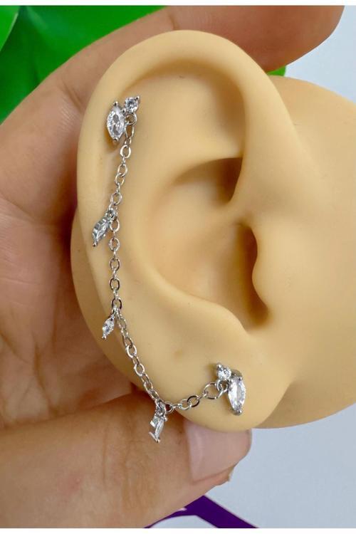 Zirkon Taşlı 1 Adet Zincir Bağlantılı İkili Kıkırdak Kulak Memesi Uyumlu Piercing Küpe