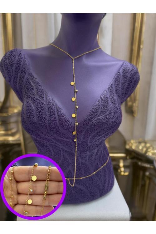 Paslanmaz Çelik Zirkon Taşlı Pul Detaylı  Vücut Zinciri