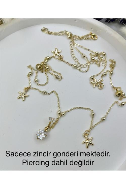 Gold Renk Dorika Toplu Deniz Yıldızlı Kararmaz Piercing Uyumlu Bel Göbek Zinciri