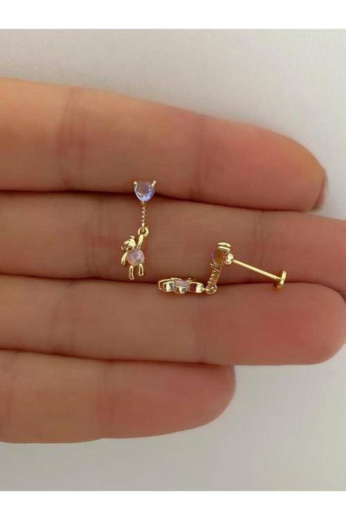 Sallanan Ayıcık Arkası Düz Önden Takmalı Helix Kıkırdak Tragus Lobe Uyumlu Piercing Küpe