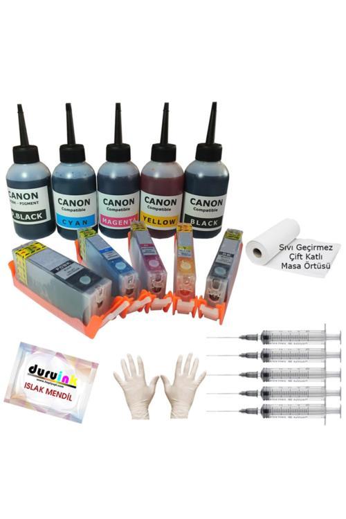 Canon Ip4850 Ip4950 Ix6550 Kolay Dolan Muadil Kartuş Seti+5X100Ml Mürekkep 5 Renk (Dolu)